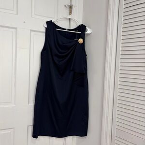 Ralph Lauren Navy Sleeveless Draped Shift Dress with Gold Button